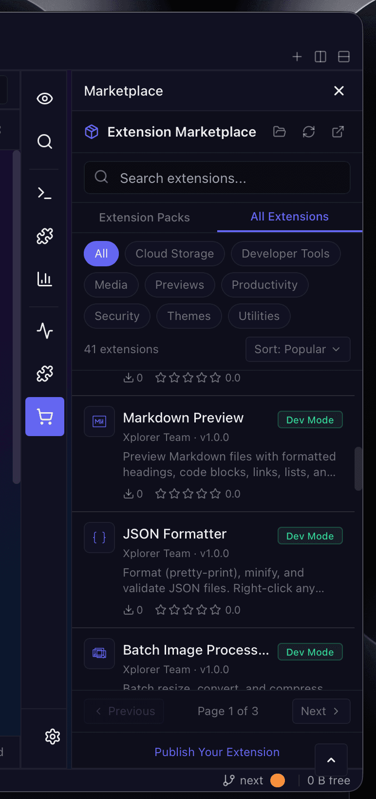 Extension marketplace with developer tools, themes, and productivity plugins